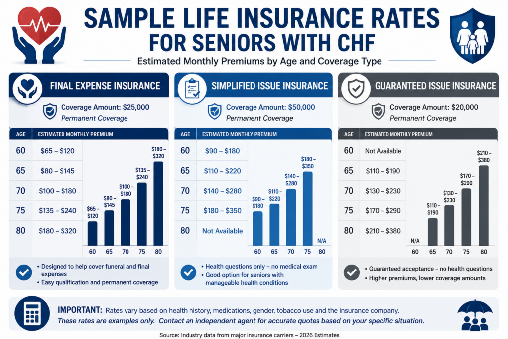 Sample Life Insurance Monthly Rates Chart for seniors with CHF